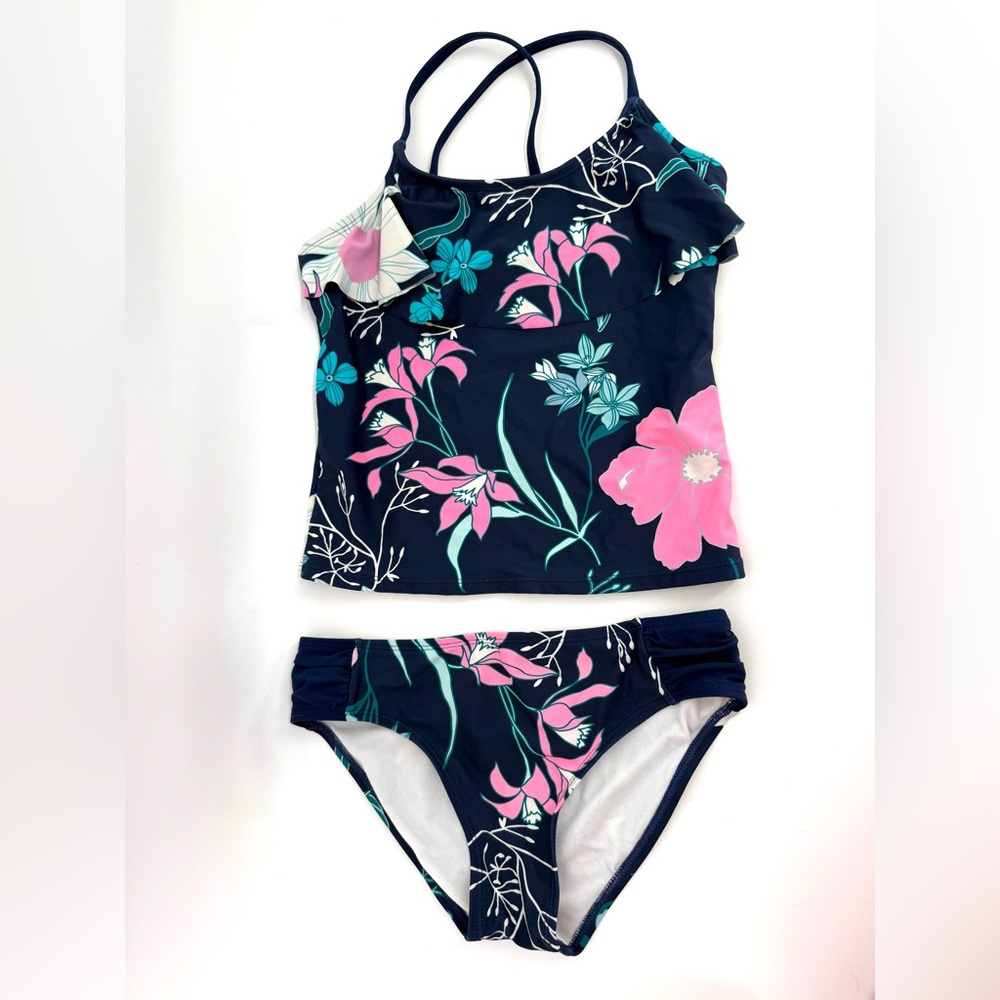 Girls Navy Floral Two-Piece Tankini Swim Set - Pink & Teal Size 12